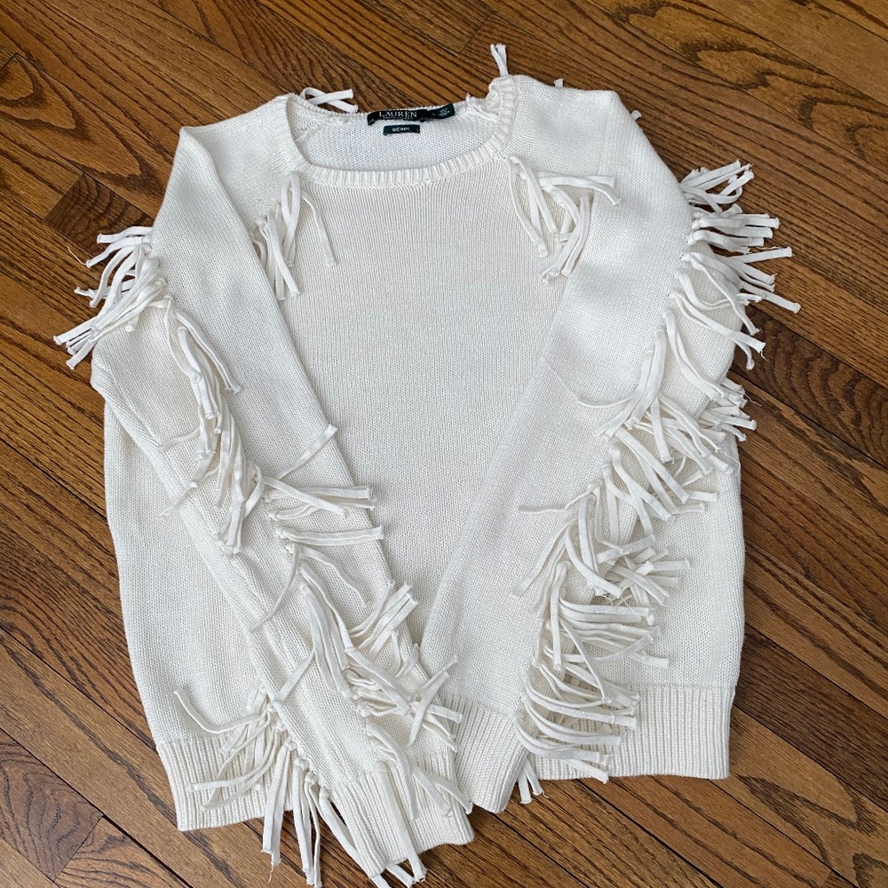 Lauren White Cotton Crew Sweater, Fringed, Long-sleeved Women's L.